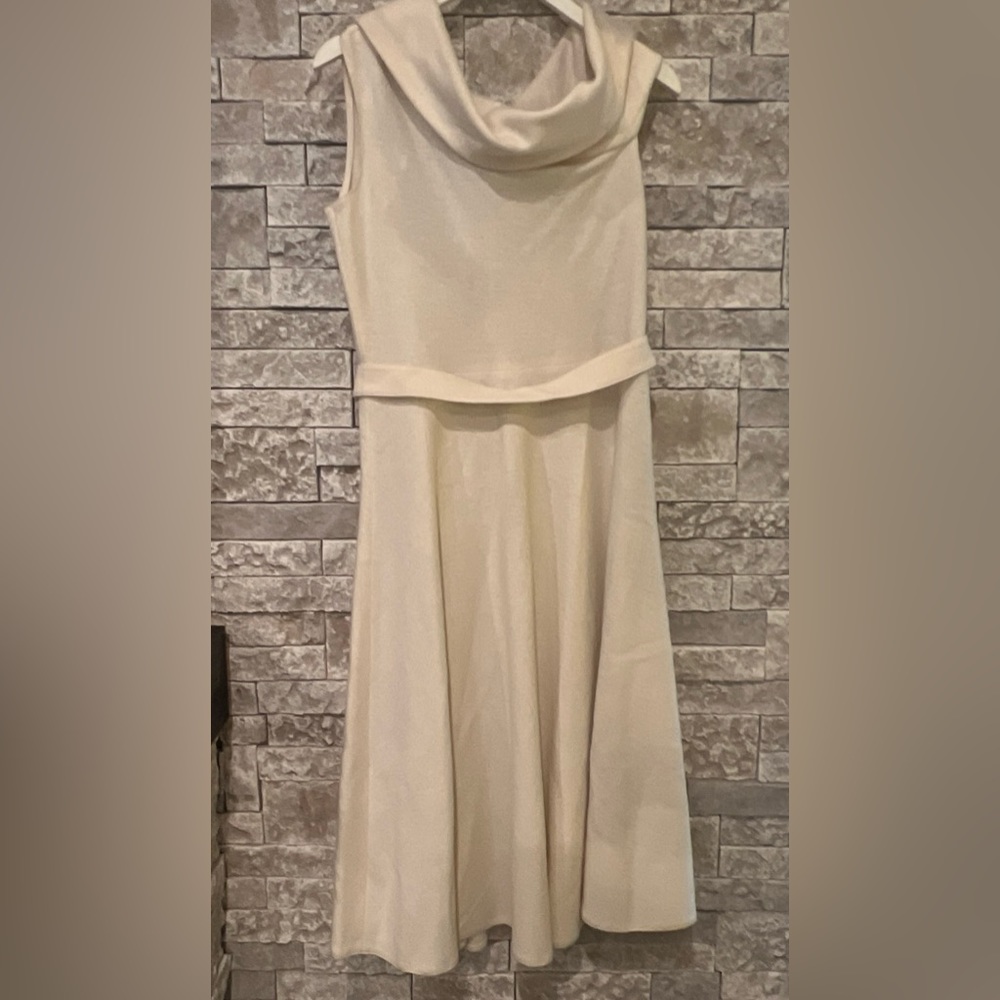 Carolina Herrera Lana Wool Cowl Neck Dress Cream/Gray 10 NWT/see Pics $1,100